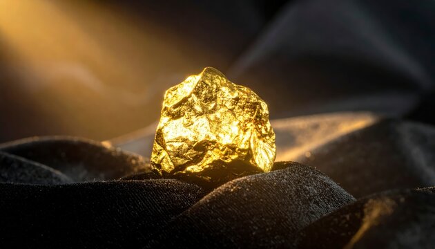 A raw, lustrous gold nugget shimmering with warm light atop a dark, textured surface, showcasing its natural beauty and intrinsic value.
