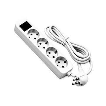 Halftone illustration of electric power strip with multiple sockets and plug, minimalist black and white style, symbolizing electricity, connection, extension and energy distribution.