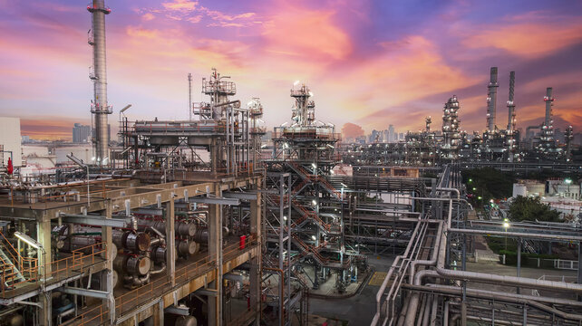 Oil and gas industry - refinery factory zone, The equipment of oil refining,Close-up of industrial pipelines of an oil-refinery petrochemical plant