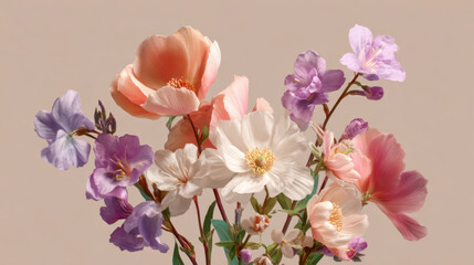 Obraz premium Pastel floral composition on neutral background, delicate spring flowers arrangement