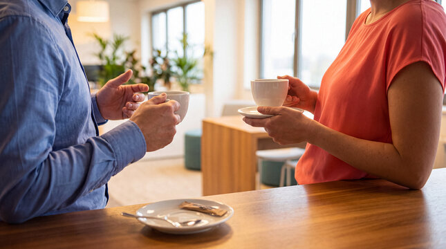 Two colleagues enjoying a refreshing casual coffee break in a bright, modern office breakroom.