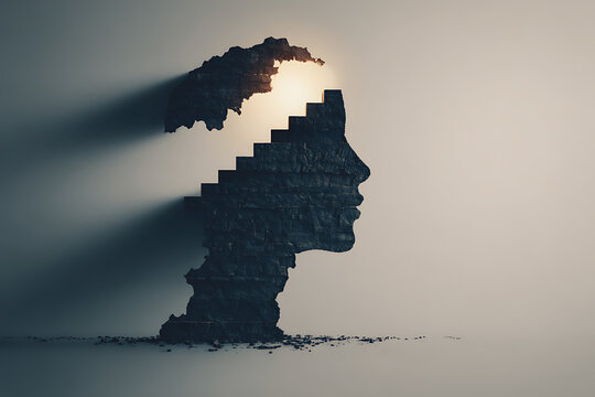 Conceptual image of fragmented human head with stairs and light, symbolizing mental health, recovery, overcoming challenges, inner growth, healing process and psychological resilience