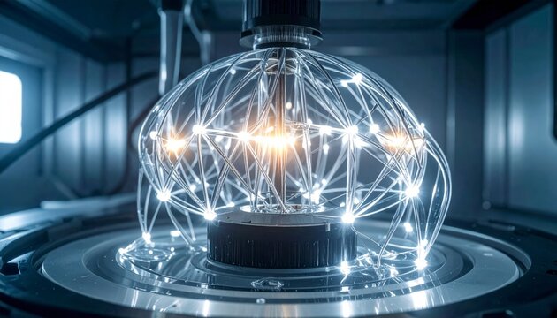 Intricate network of glowing connected light filaments forming complex geometric patterns on a futuristic technology base