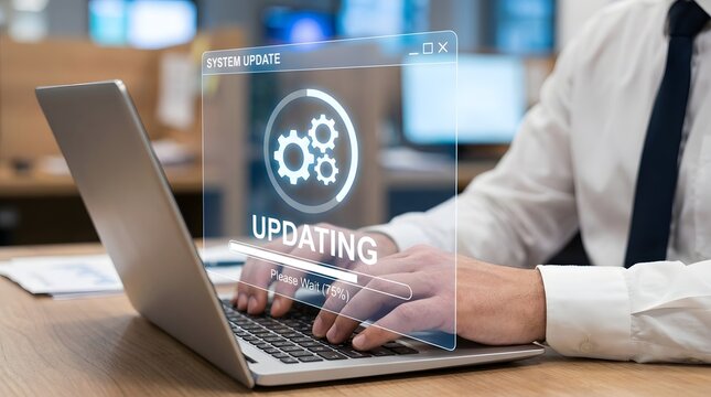 Man in a white shirt and black tie updates software on his laptop in an office