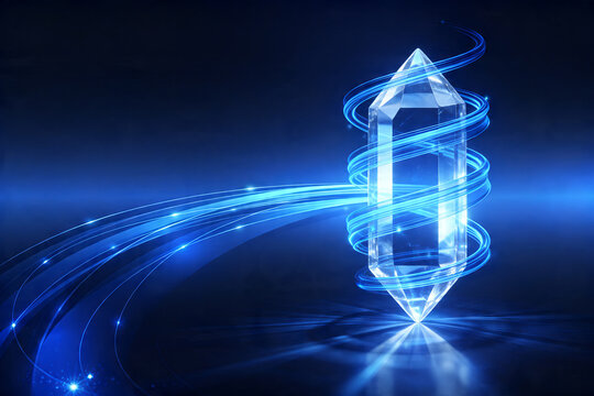 Abstract futuristic crystal with glowing blue light trails, symbolizing advanced technology and energy flow, ideal for sci-fi concepts and digital art themes.