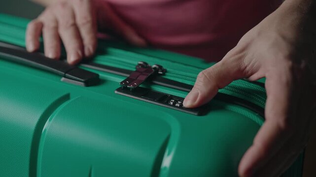 Close-up of traveler setting numbers on combination lock of green suitcase, securing luggage for upcoming trip. Detail of male hands protecting personal belongings and baggage, closeup, slow motion.