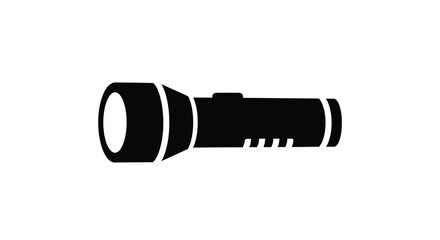 A simple black silhouette depicts a handheld flashlight showcasing its bulb barrel and handle details high quality professional © Nupur02
