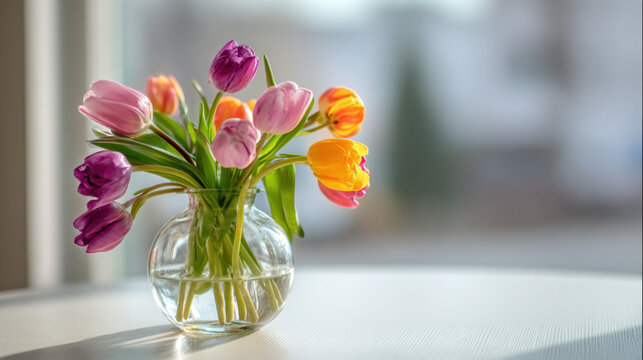Colorful tulips in a round glass vase with clear water on a white table, illuminated by soft natural daylight from a window, creating a calm and minimal interior atmosphere