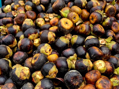 Ripe fruits of Borassus flabellifer, also known as doub palm, tala or tal palm, toddy palm, lontar or wine palm, or ice apple, displayed for sale in a local market