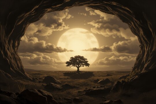 Lone Tree Viewed Through Cave Opening at Golden Hour