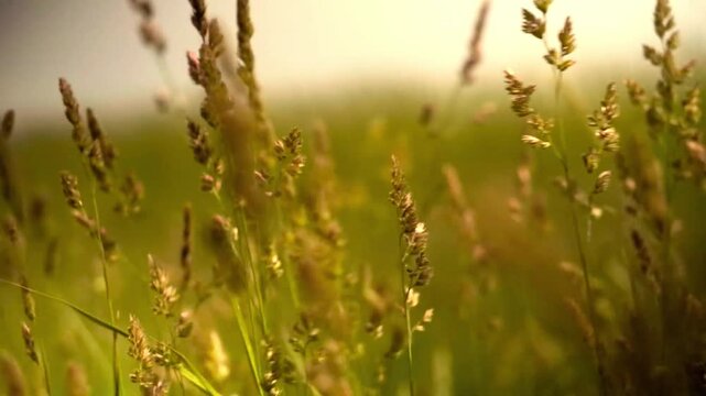 Dreamy Ethereal Field of Long Green Grass and Seeds Blowing in Slow Motion
