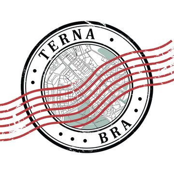 A circular stamp design featuring a map and postal markings