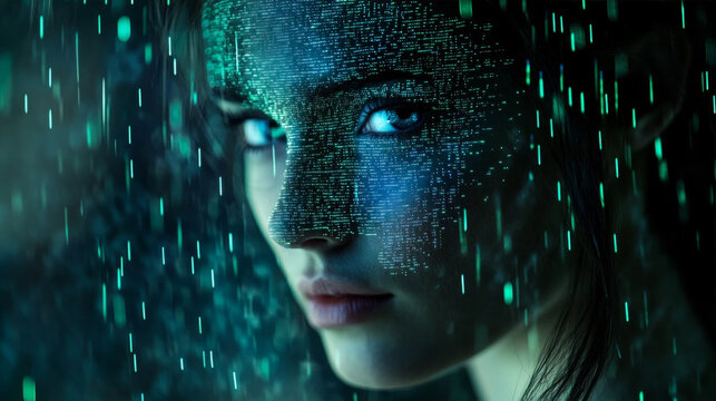 Futuristic cyberpunk woman face with digital data matrix projection and glowing neon light effects in dark background
