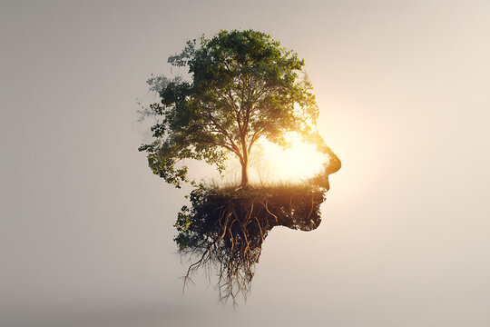 Double exposure of human head with tree and roots, symbolizing mental health, inner growth, balance, connection with nature, self development, and harmony between mind and life