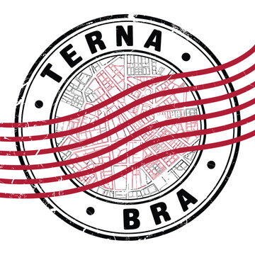 A distressed circular stamp design featuring a city skyline and red lines