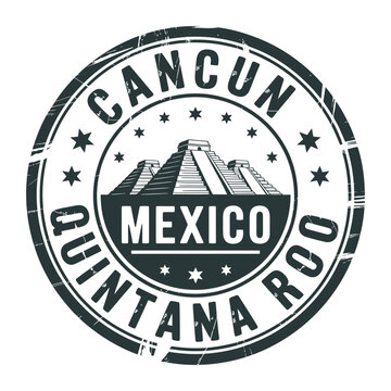 Cancun Mexico travel stamp with ancient pyramid illustration and text