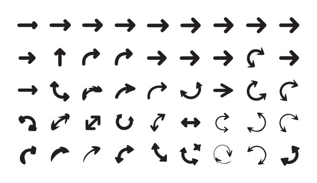 Variety of directional arrows in black vector style for different design applications.