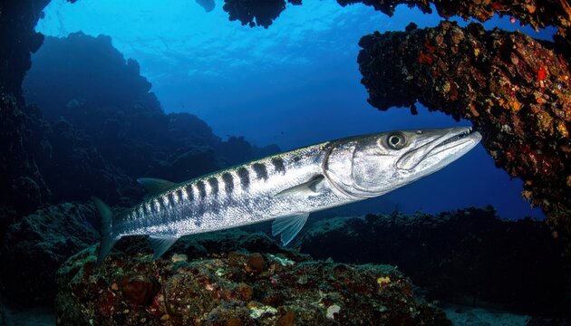 A predatory barracuda with silver scales lurks in the shadows of a coral reef overhang in the deep blue ocean.