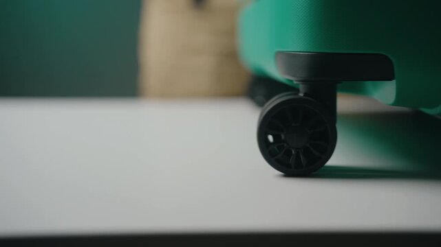 Close-up of green suitcase with spinning wheels rests on table, concept excitement of packing for vacation, anticipation of journey, of travel and tourism. Shooting in slow motion.