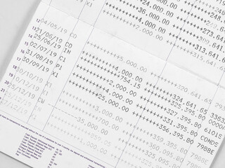 Fototapeta premium Bank account book statement balance number cash, data investment debt math in office, bill receipt and payment business credit card account, check paper financial loan tax concept.