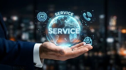 Fototapeta premium Businessman Holding Digital Service Globe with AI, Service Icons, and Technology Network in Office View
