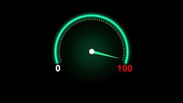 Glowing green neon speedometer dial glows. Neon speedometer dial moves. This neon speedometer dial with needle at high reading provides a fast speed visual for automotive media.