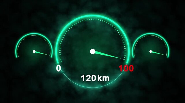 Three glowing green neon gauges stay. Neon gauges show speed. These neon gauges with smoke effect and speed reading provide a professional automotive visual for high tech media.
