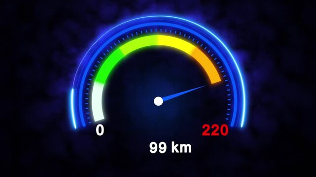 Speedometer dial with blue neon glow stays. Speedometer dial shows speed. This speedometer dial with blue neon glow against smoky background offers professional automotive visuals.