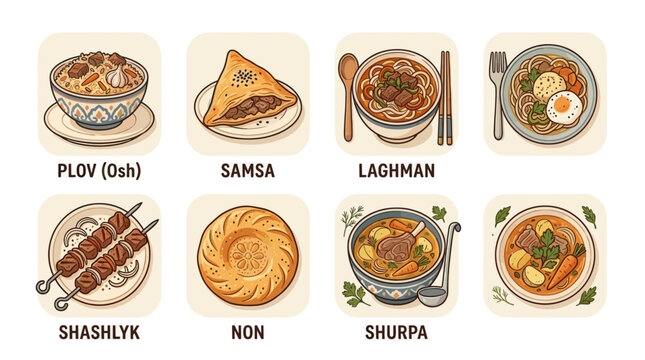 Caucasian and Central Asian traditional food set with plov laghman and shashlik in detailed flat illustration style