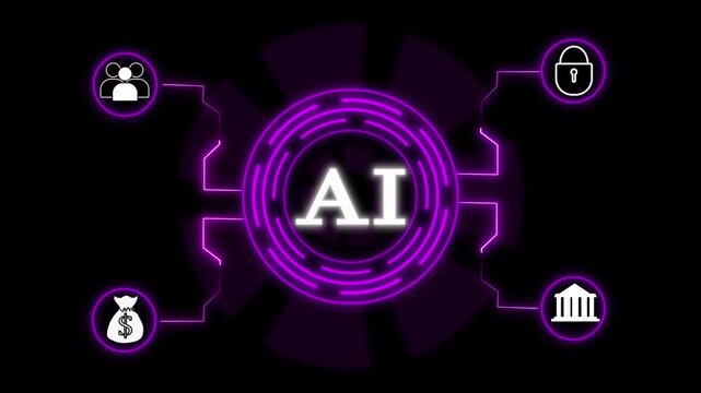 Artificial intelligence purple tech UI icon pulse. Purple tech UI icon glows. This purple tech UI icon represents advanced machine learning and modern neural network data systems.