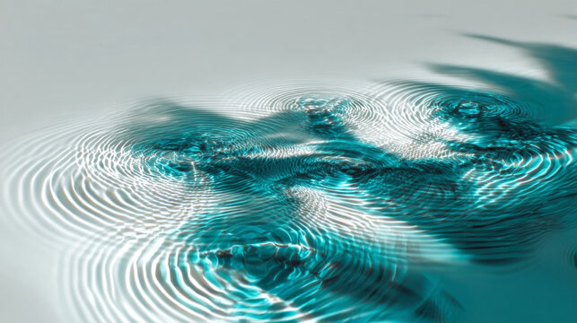 Minimalist water surface with ripples and tropical palm leaf shadow on turquoise background