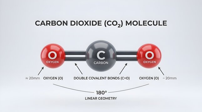 3D Diagram of Carbon Dioxide CO2 Molecule Structure with Labels