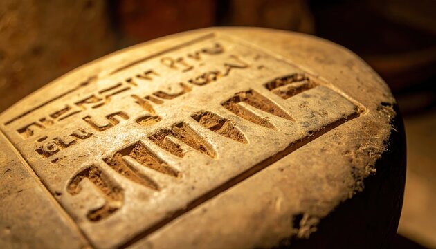 Detailed close-up of cuneiform script carved into a weathered clay tablet displaying ancient history and symbols
