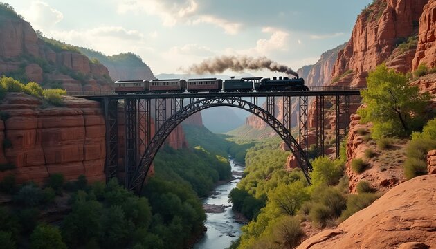 Vintage train crosses steel bridge over wide canyon river valley. Steam engine puffing smoke travels through mountainous desert landscape. Scenic journey on railroad over water.