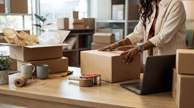 Focused woman entrepreneur efficiently packing a large customer order box for her thriving online e-commerce business.