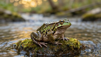 Obraz premium A vibrant green frog rests on a moss-covered rock in a stream, surrounded by water and soft focus background.