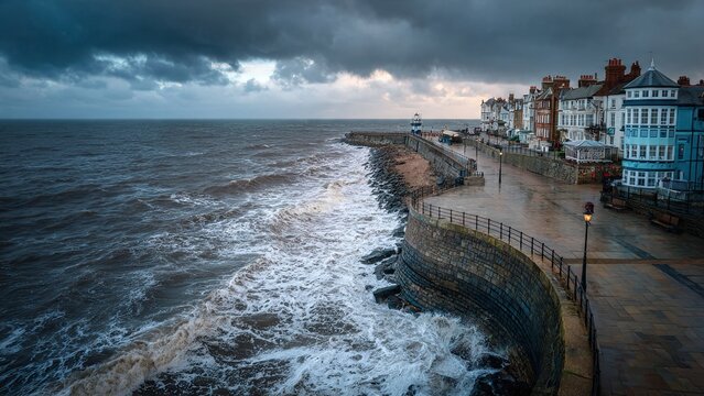 Wide angle shot of the Sheringham promenade and pier structure, featuring traditional East Anglian flint stone sea walls