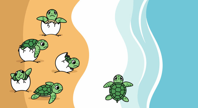 baby sea turtles hatching and crawling on sandy beach vector illustration. Adorable turtle hatchlings emerging from eggs and heading towards ocean waves.