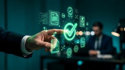 Obraz premium Businessman Using Virtual Security Interface for Data Protection in Office Environment, Technology Concept, Close-Up View