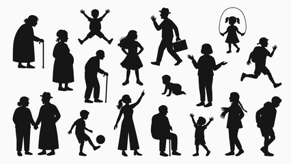 Fototapeta premium Diverse People Life Silhouettes Family Elderly Child Jumping Walking Playing Pointing Crawling Vector Black Set