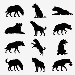 Obraz premium Hyena Silhouettes Set Standing Sitting Lying Howling Walking Jumping Running Eating Black Vector Collection