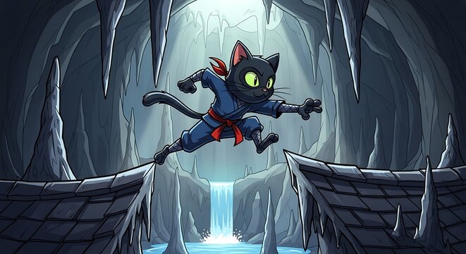 Cartoon-style illustration of a black cat dressed as a ninja leaping over a chasm in a cave with a waterfall