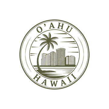 Vintage style circular emblem depicting the city skyline of o ahu hawaii
