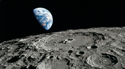 Fototapeta premium Planet Earth Rising Over Cratered Lunar Surface Viewed from Moon Orbit High Resolution Space Photography Style