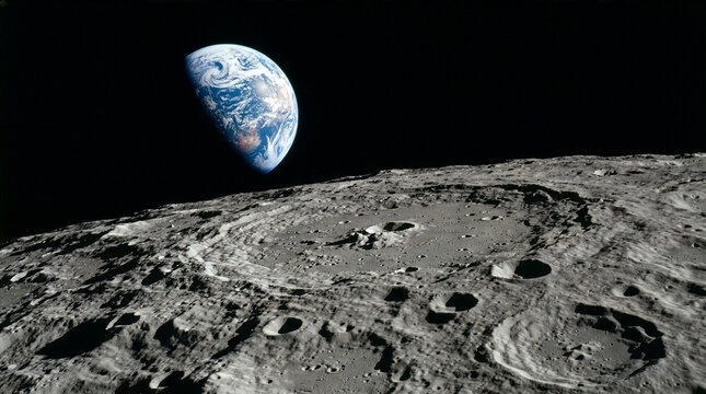 Planet Earth Rising Over Cratered Lunar Surface Viewed from Moon Orbit High Resolution Space Photography Style