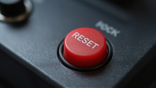 A close-up view of a red reset button on electronic equipment, indicating system restart or troubleshooting.