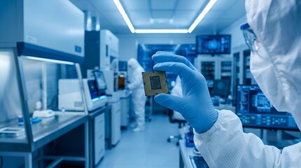 Naklejka premium Engineer in Cleanroom Holding High Tech Microchip in Laboratory