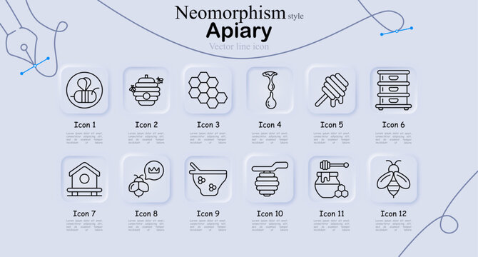 Apiary set icon. Bee emblem, hive box, honeycomb, dripping honey, honey stick, stacked hive, bee house, queen bee, bowl honey, honey dipper, flying bee, insect detail line icons