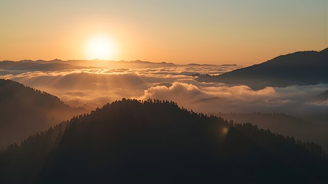 Dreamy mountain landscape above the clouds at sunset, cinematic golden light and silhouettes.