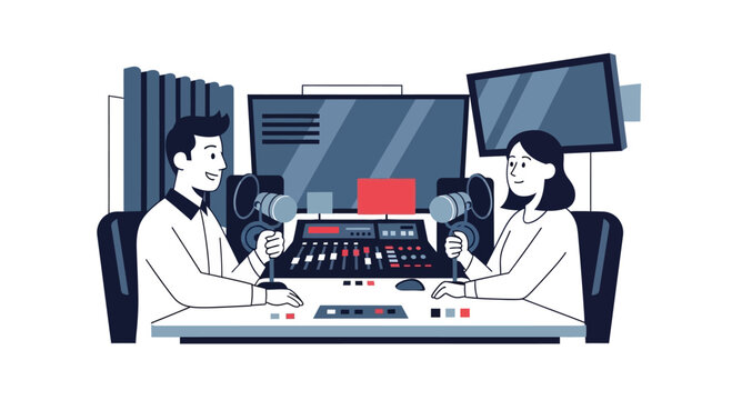 Two people working at a radio station.